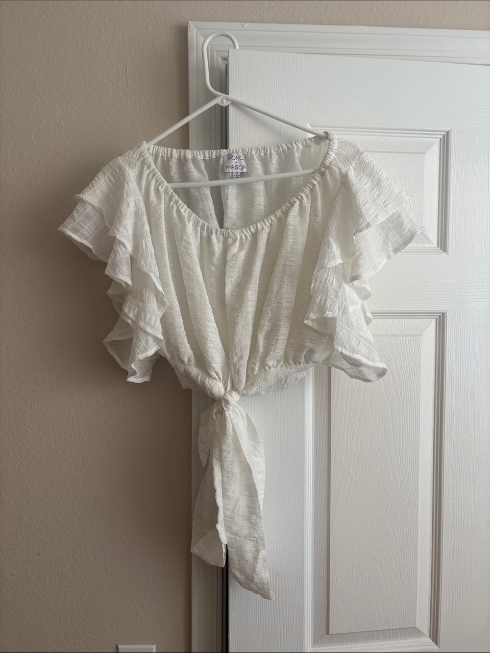 Cropped White Ruffled Tie-Front Women's Top